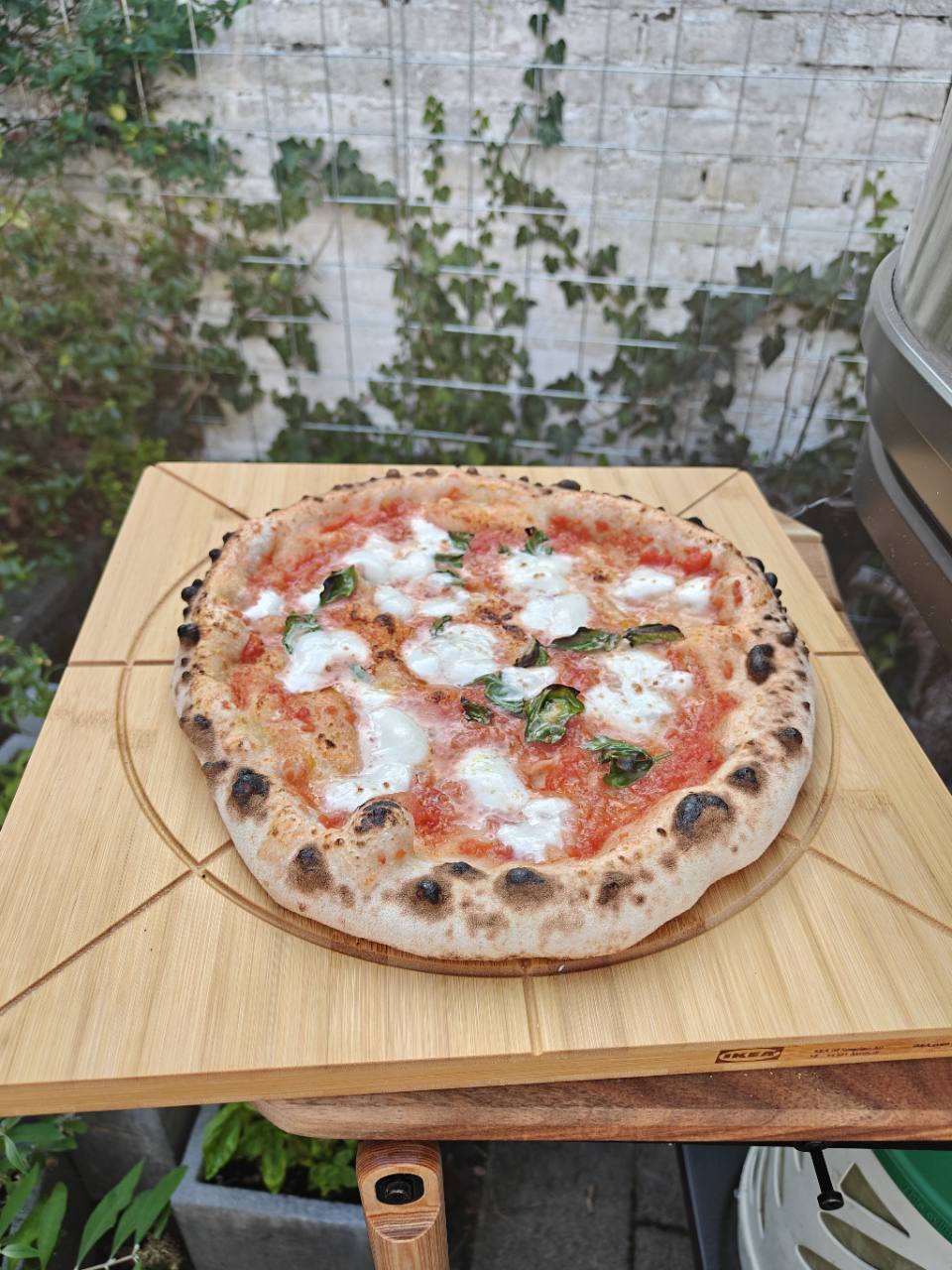 Versgebakken pizza met mozzarella en basilicum op een houten plank