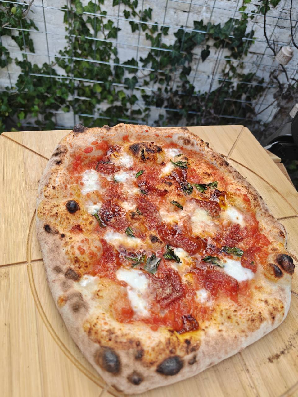Pizza met salami, tomaat, mozzarella en basilicum